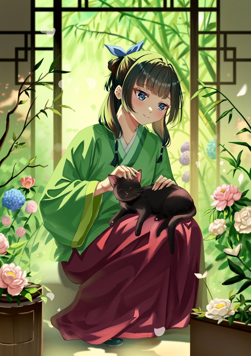 药屋少女的呢喃、猫猫 (药屋少女的呢喃) 腿上的动物 袄裙 黑猫 黑发 蓝色丝带