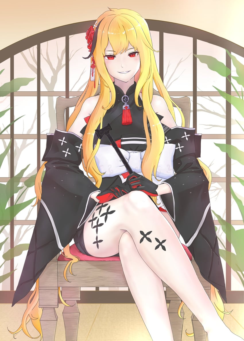 Hololive、Hololive Indonesia、Kaela Kovalskia 1名女孩 露肩 黑色和服 金发 椅子
