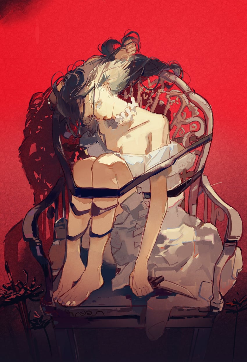 原创 1名女孩 赤脚 黑发 蓝眼 蓝色指甲