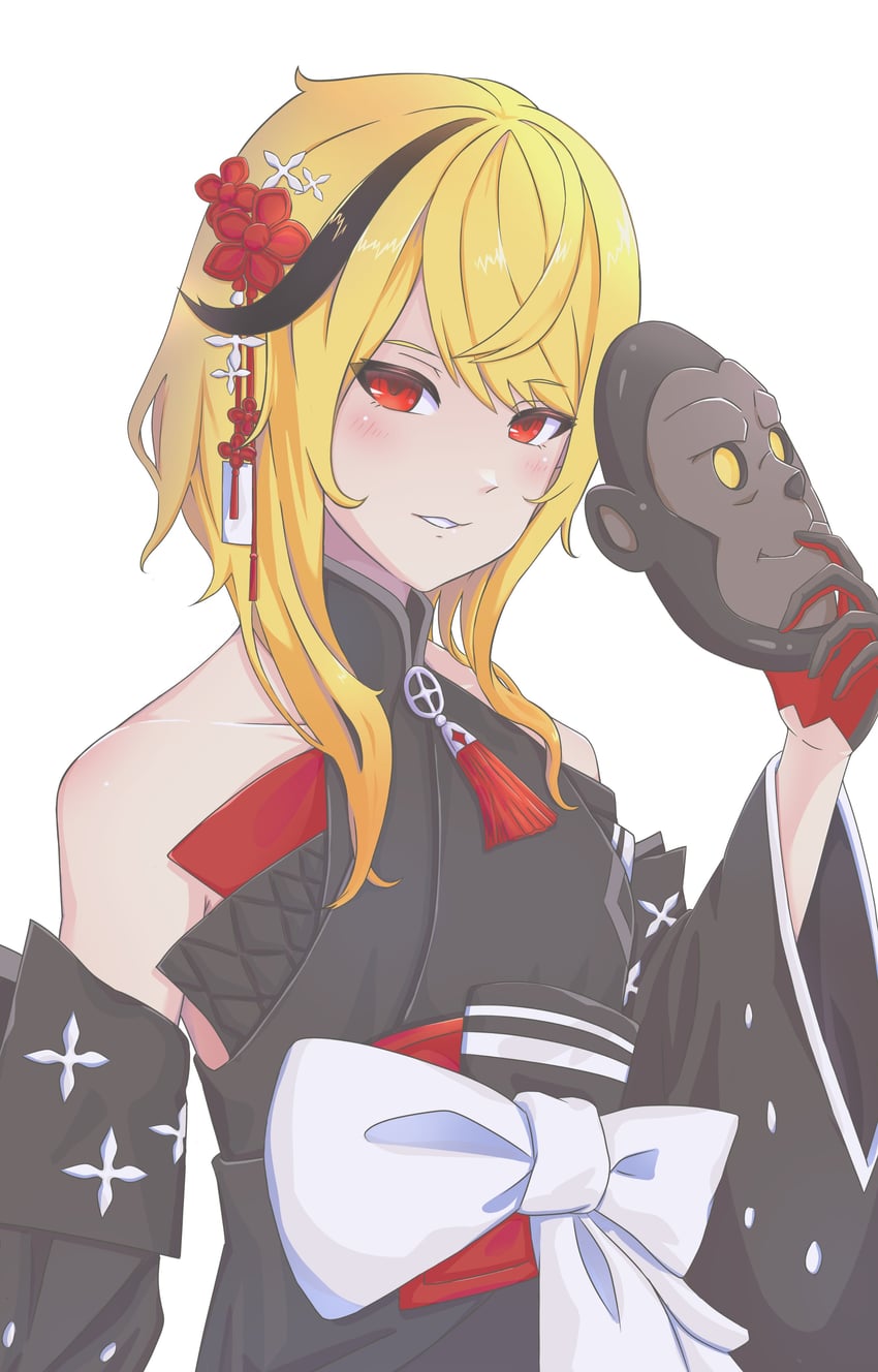 Hololive、Hololive Indonesia、Kaela Kovalskia 1名女孩 露肩 黑色和服 金发 露肩袖