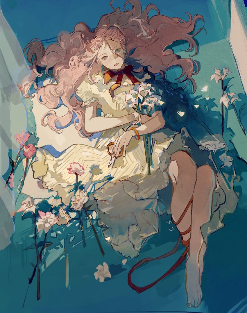 原创 1名女孩 赤脚 蓝发 手链 窗帘