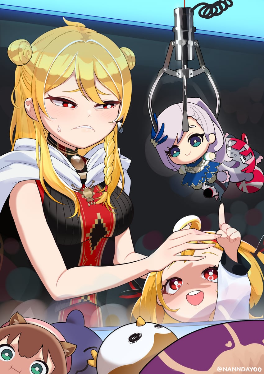 Hololive、Hololive Indonesia、Ayunda Risu 2名女孩 呆毛 黑色项圈 黑衬衫 金发