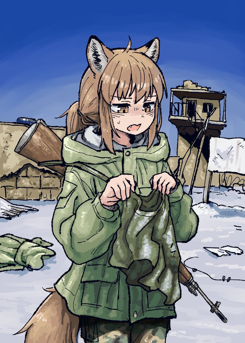 原创、狐狸女孩 (异寒世界) 1名女孩 兽耳 战斗步枪 蓝天 棕眼睛