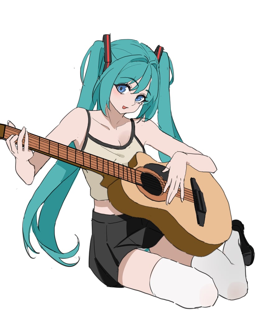 VOCALOID、初音未来 1名女孩 原声吉他 水色发 裸臂 露肩