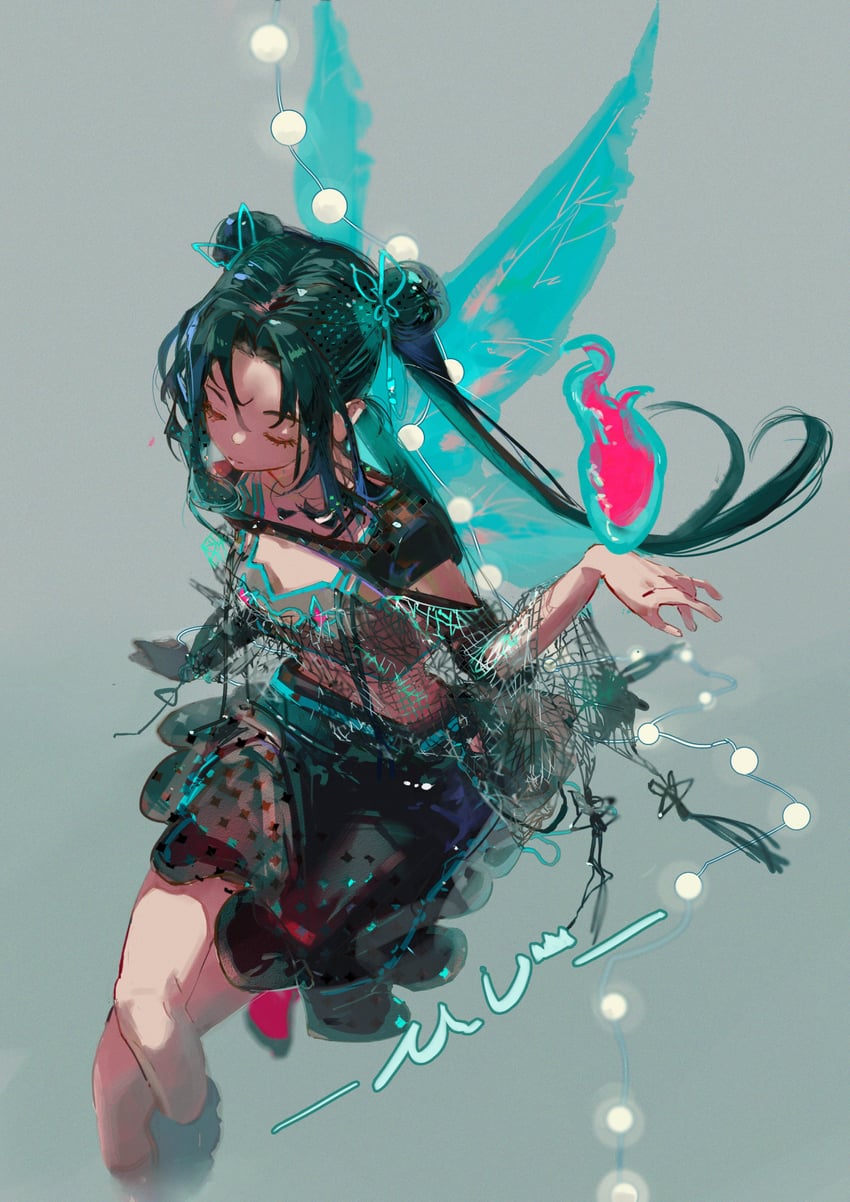 原创 1名女孩 黑色裙子 蝴蝶翅膀 闭嘴 交叉腿