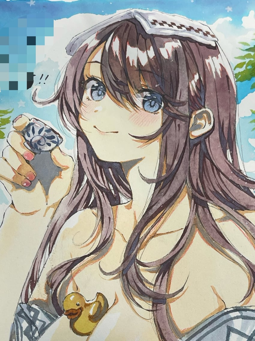 原创 1名女孩 露肩 蓝眼 蓝天 脸红