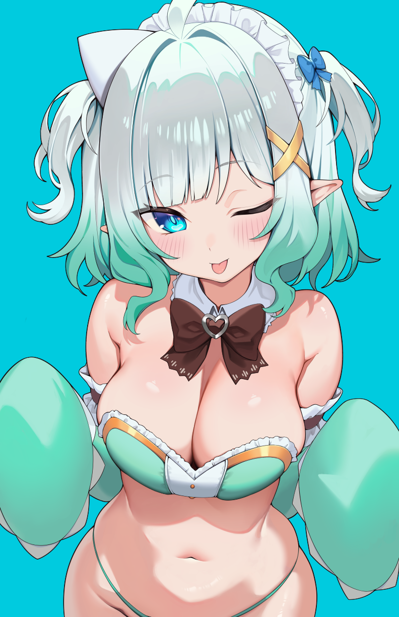 传说.exe、冥土 (Mint Fantome) 1名女孩 :p 露肩 蓝色蝴蝶结 脸红