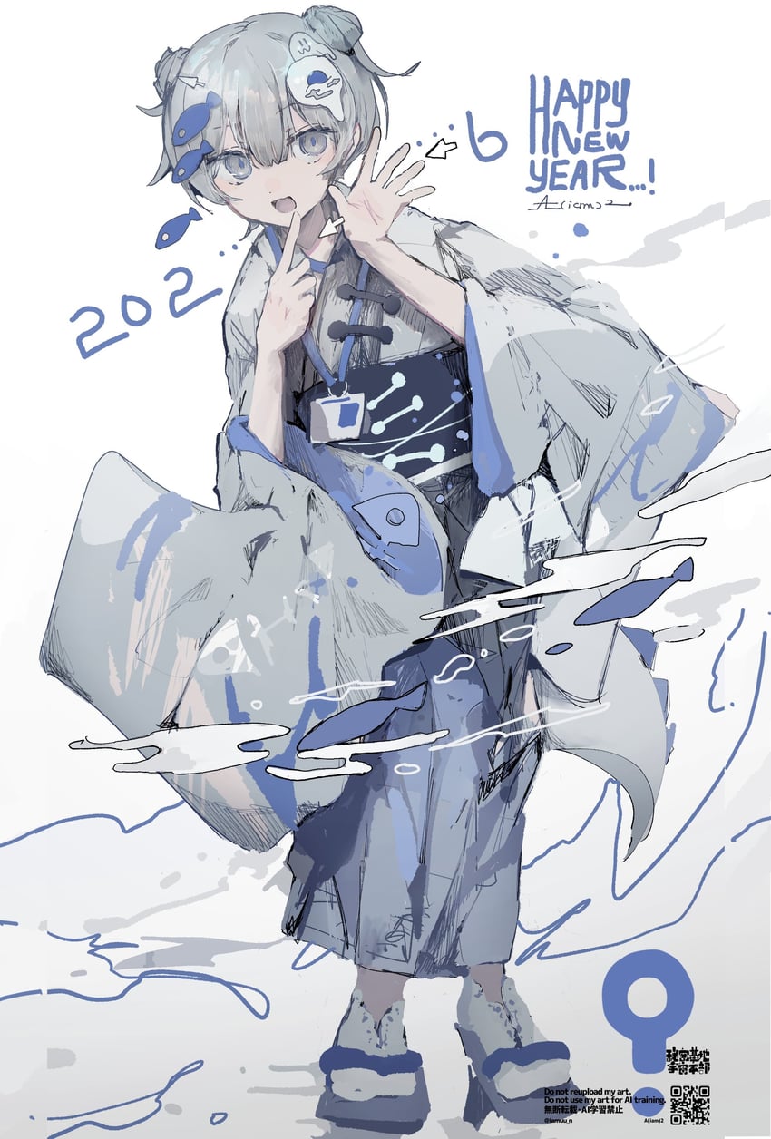 原创 1名女孩 2026年 齐刘海 卡片 双团子头