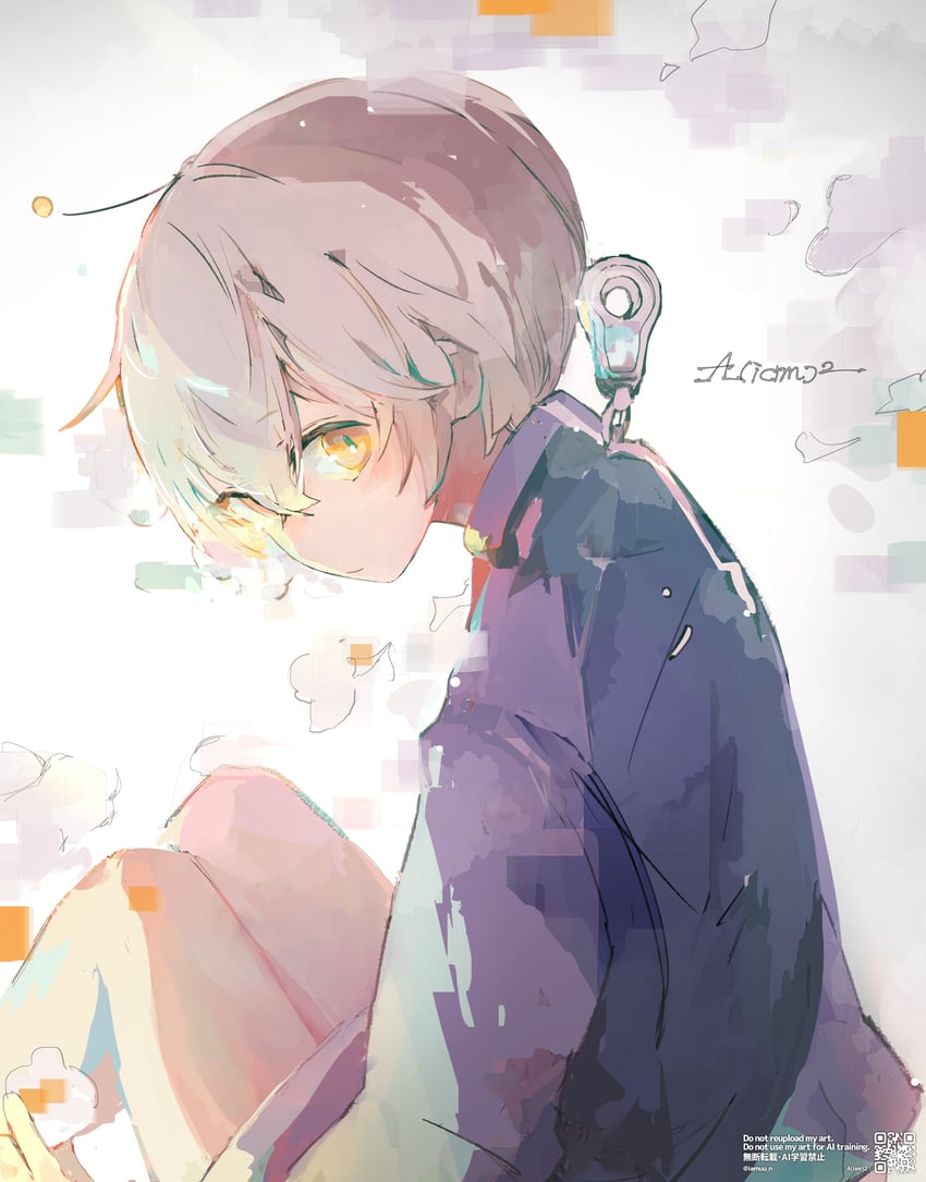 原创 1名男孩 触角 作者名 蓝色毛衣 发丝垂在眼睛之间