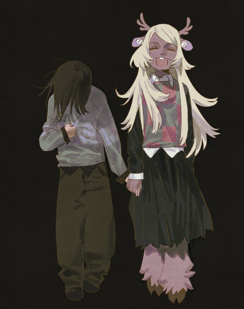 三角符文、Undertale/Deltarune、Kris (Deltarune) 1名女孩 1个其他角色 兽耳 鹿角 黑色背景