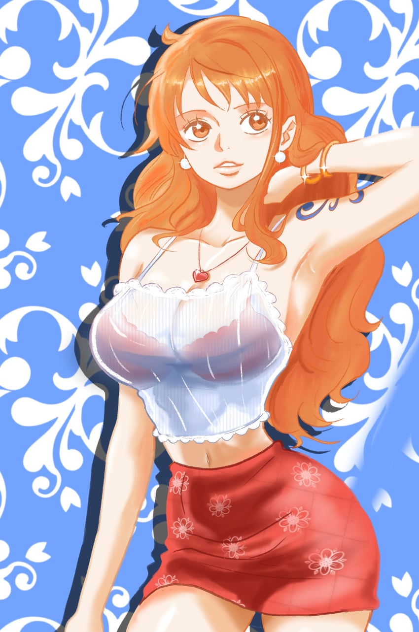 海贼王、娜美 (海贼王) 1名女孩 腋下 手镯 露肩 蓝色背景