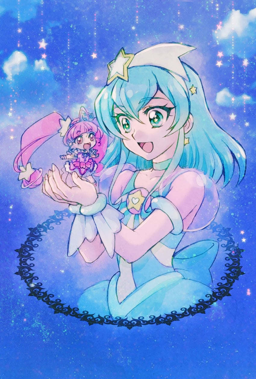 光之美少女、Star☆Twinkle 光之美少女、羽衣拉拉 (璀璨星河) 2名女孩 水色瞳 水色发 Q版 Q版插图