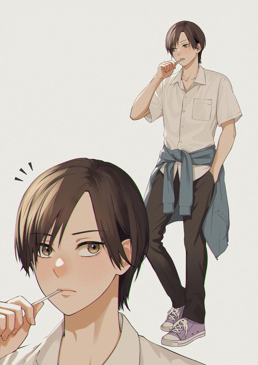 原创 1名男孩 棕发 衣服围在腰上 手插在兜里 夹克