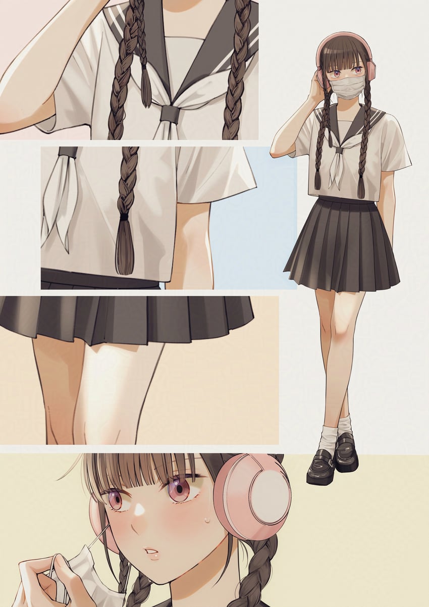 二次元插画 1名女孩 黑色裙子 辫子 举手 耳机