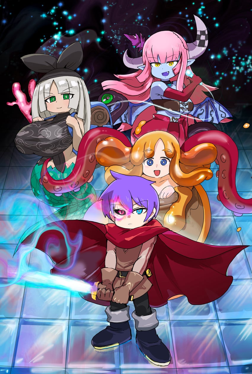 魔物娘图鉴、魔物娘图鉴：悖论、鲁卡 (勇者大战魔物娘) 1名男孩 3人女子 :D 坏笑 背包