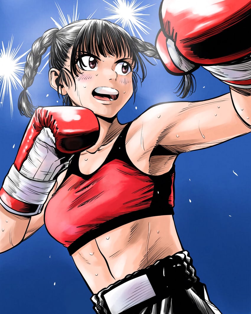 原创 1名女孩 黑发 黑色短裤 蓝色背景 拳击