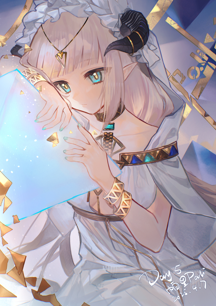 明日方舟、夜莺 (明日方舟)、夜莺（流逝的雅库）(明日方舟) 1名女孩 水蓝色指甲 黑角 金发 蓝眼