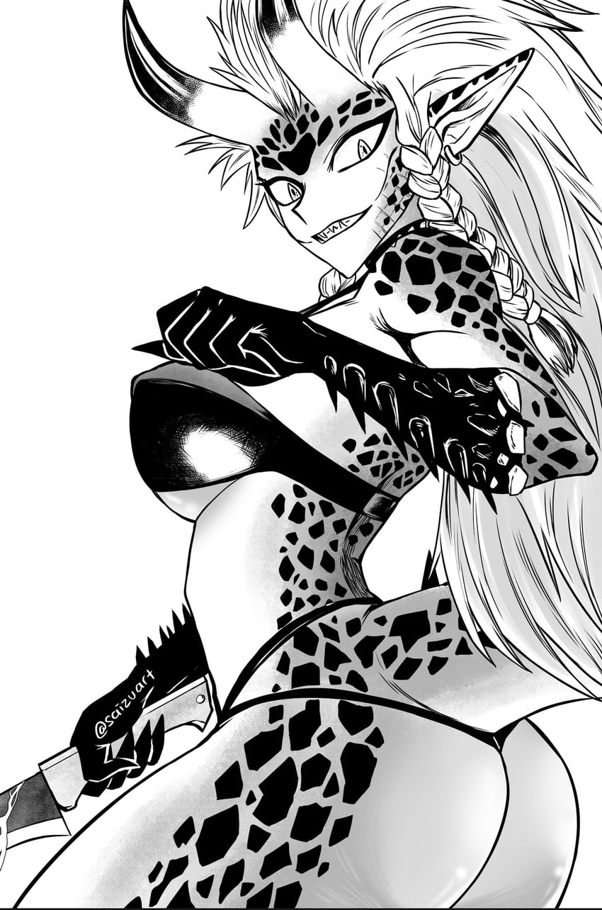 一拳超人、raptora (one-punch man) 1名女孩 屁股 露肩 黑鳞 辫子