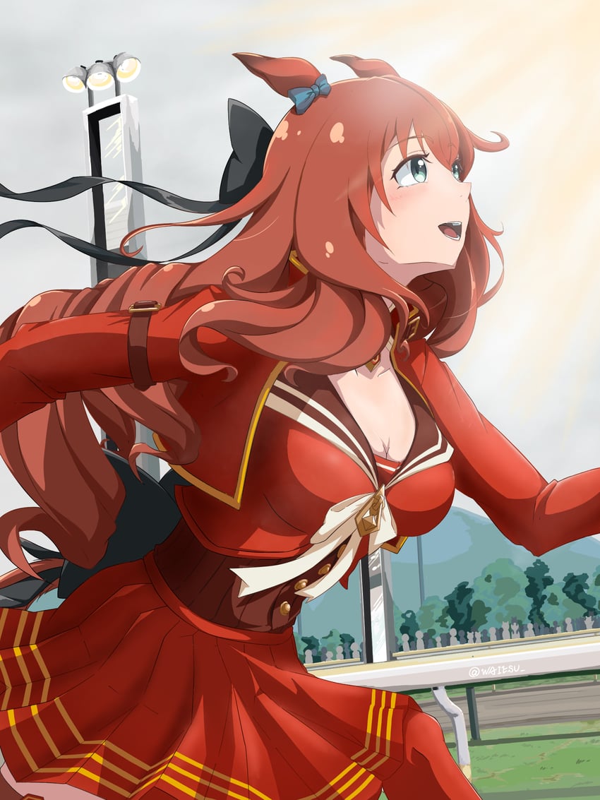 赛马娘、丸善斯基 (Formula R) (赛马娘)、丸善斯基 (赛马娘) 1名女孩 兽耳 蓝色蝴蝶结 脸红 蝴蝶结