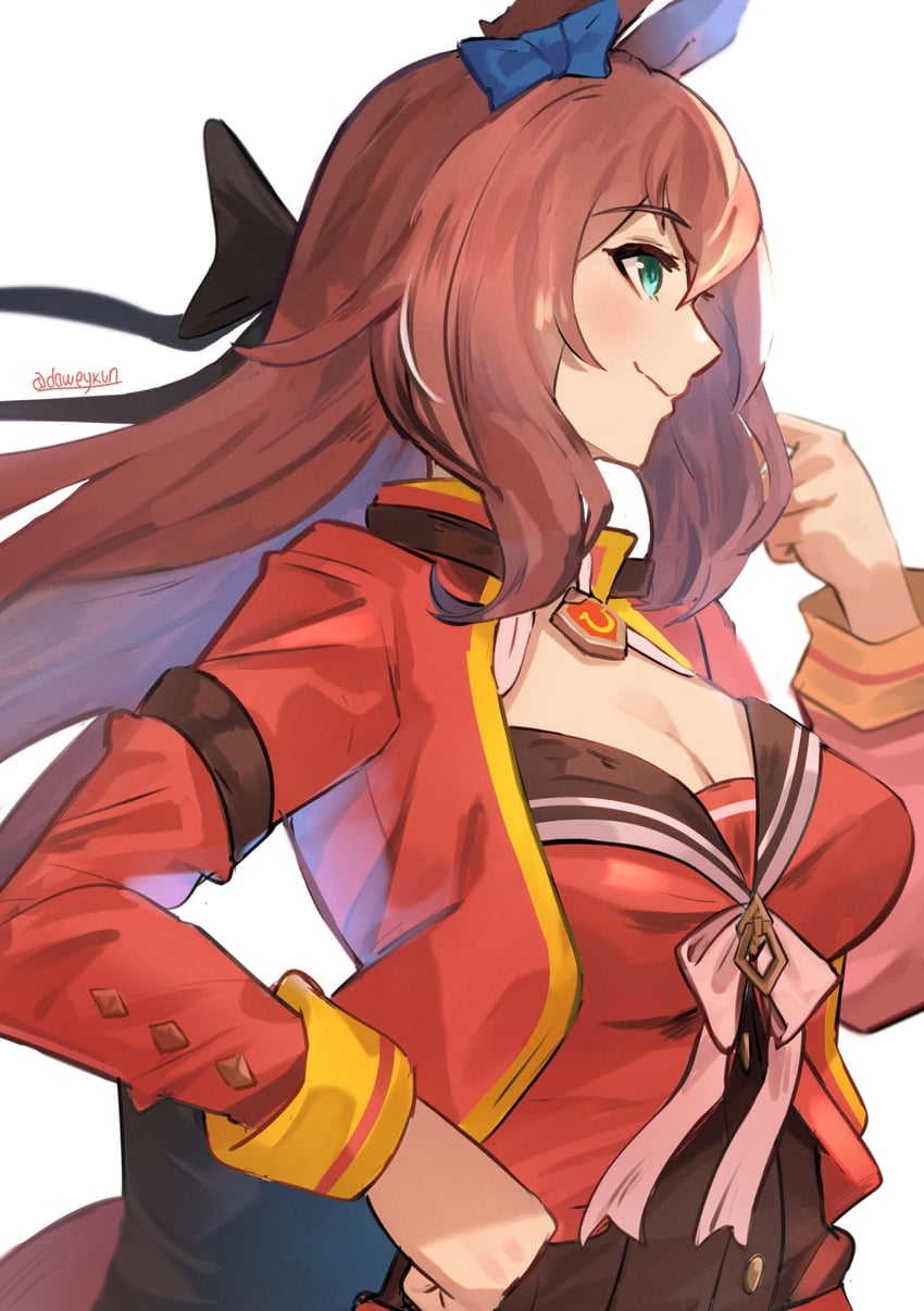赛马娘、丸善斯基 (Formula R) (赛马娘)、丸善斯基 (赛马娘) 1名女孩 兽耳 蓝色蝴蝶结 蓝眼 脸红