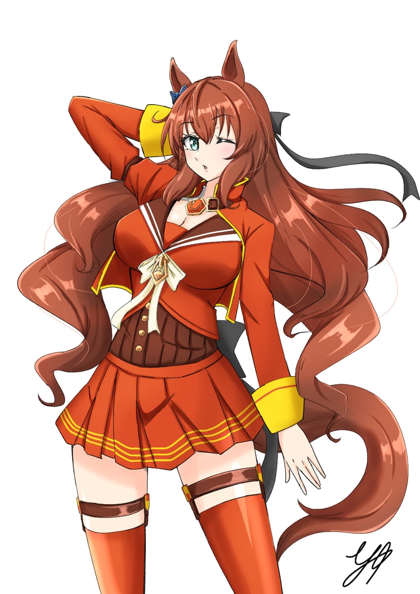 赛马娘、丸善斯基 (Formula R) (赛马娘)、丸善斯基 (赛马娘) 1名女孩 兽耳 手放在头后 蓝色蝴蝶结 脸红