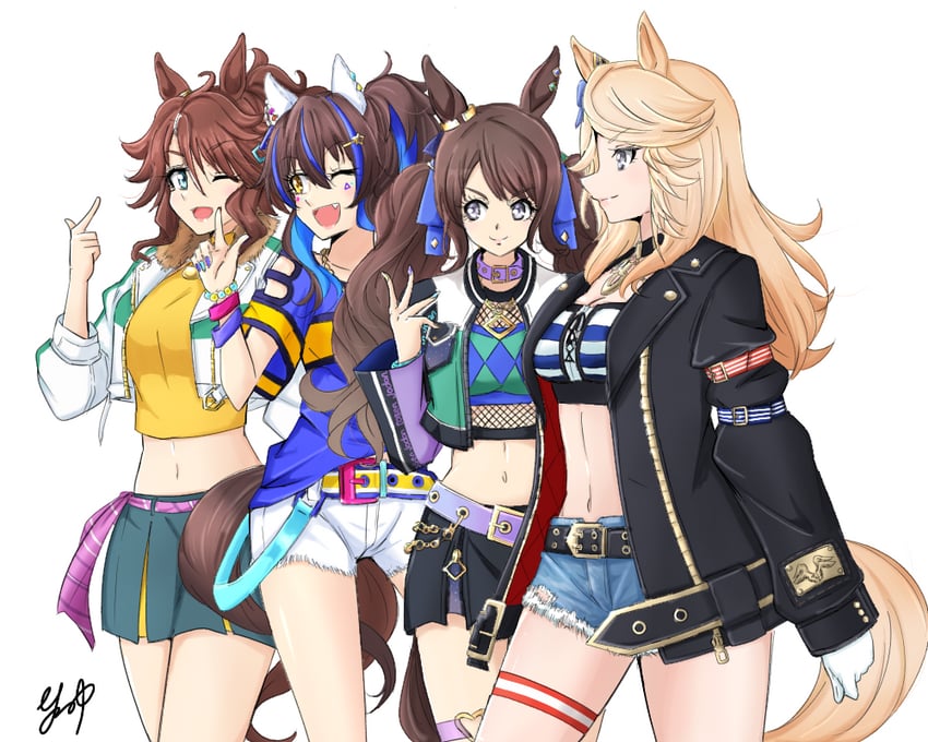 赛马娘、大泽太阳 (Fun Fun Party Night) (赛马娘)、大泽太阳 (赛马娘) 4个女孩 兽耳 菱格纹衣服 菱格纹衬衫 抹胸