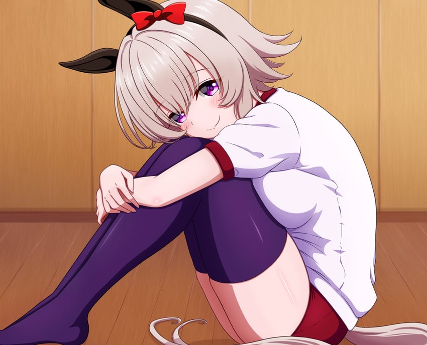 赛马娘、真机伶 (赛马娘) 1名女孩 兽耳 黑色发带 黑色过膝袜 脸红