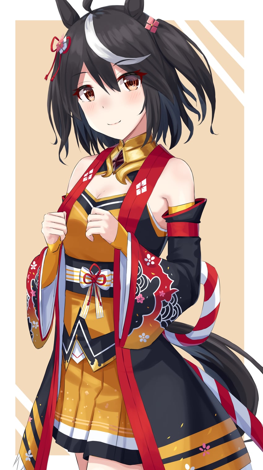 赛马娘、北部玄驹 (锦上之花) (赛马娘)、北部玄驹 (赛马娘) 1名女孩 呆毛 兽耳 黑色宝石 黑发