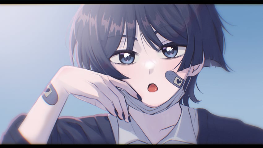 原神、散兵 (原神) 1名男孩 创可贴 脸上的创可贴 黑发 黑色指甲