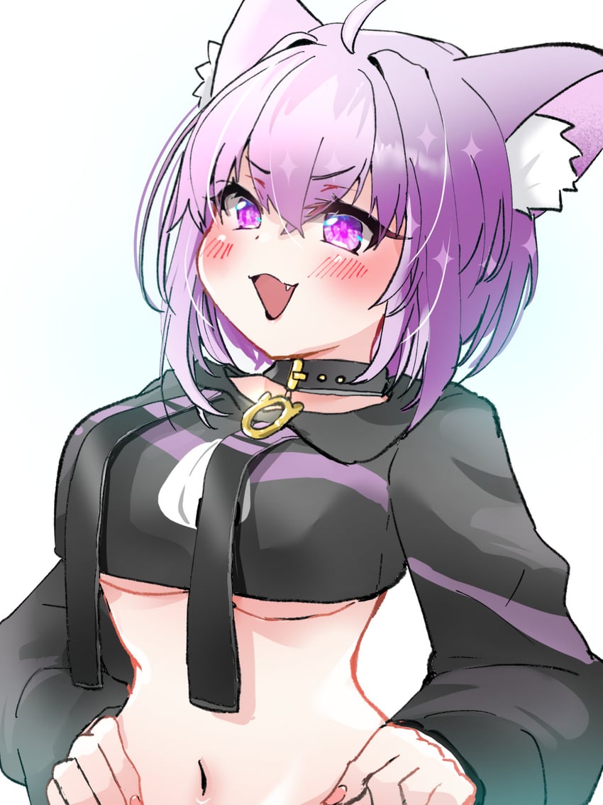 Hololive、猫又小粥、猫又小粥(第一套服装) 1名女孩 呆毛 兽耳毛 兽耳 黑领
