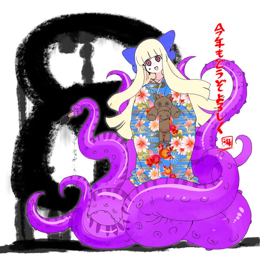 魔物娘图鉴、黑爱丽丝 (魔物娘图鉴) 1名女孩 :D 金发 蓝色丝带 花卉印花
