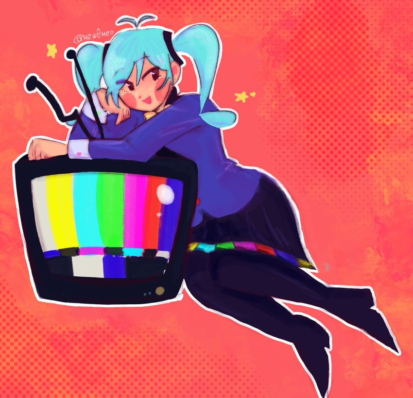 静电（Vocaloid）、VOCALOID、初音未来 1名女孩 呆毛 水色发 黑色靴子 黑色裙子