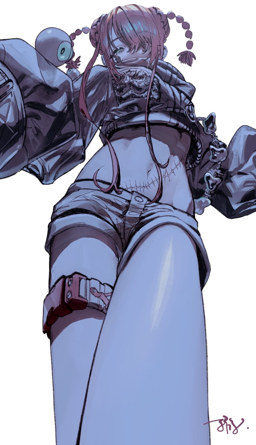 二次元插画 1名女孩 水色瞳 辫子 锁链 捂嘴