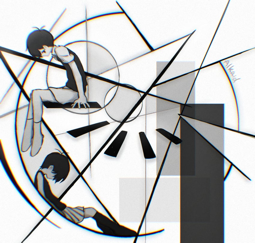 OMORI、Omori (OMORI)、Sunny (OMORI) 2个男孩 呆毛 手臂支撑 黑瞳 黑发