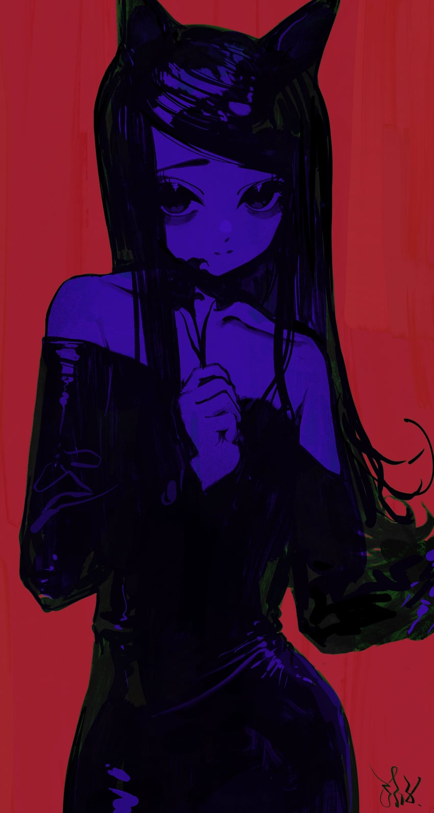 二次元插画 1名女孩 兽耳 眼袋 猫耳 连衣裙