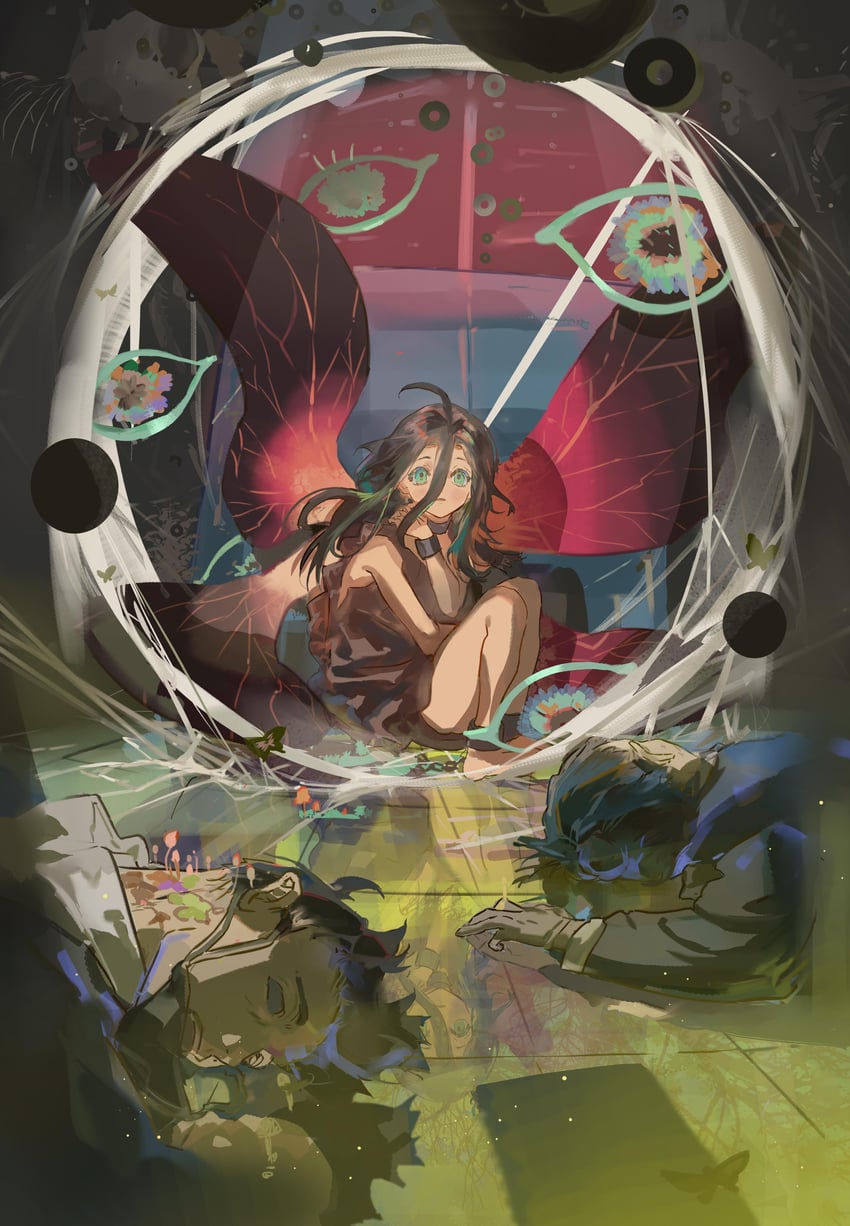 原创 1名女孩 2个男孩 呆毛 节肢动物娘 黑色连衣裙