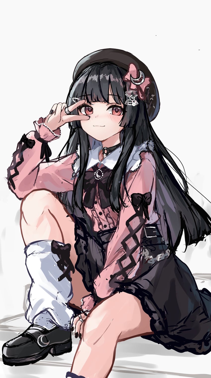 东方Project、蓬莱山辉夜 1名女孩 替换服装 贝雷帽 黑色项圈 黑鞋