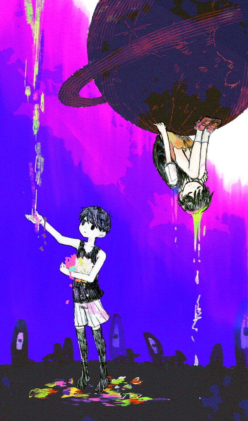 OMORI、Omori (OMORI)、Something (Omori) 2个男孩 呆毛 黑发 黑色毛衣背心 黑色背心