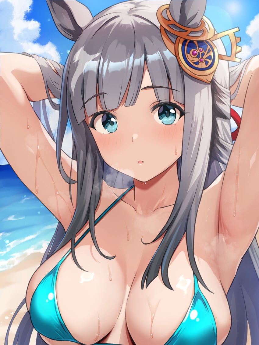 赛马娘、齐颂物语（赛马娘） 1名女孩 异形乳量 (大) 兽耳 水蓝色比基尼 腋下