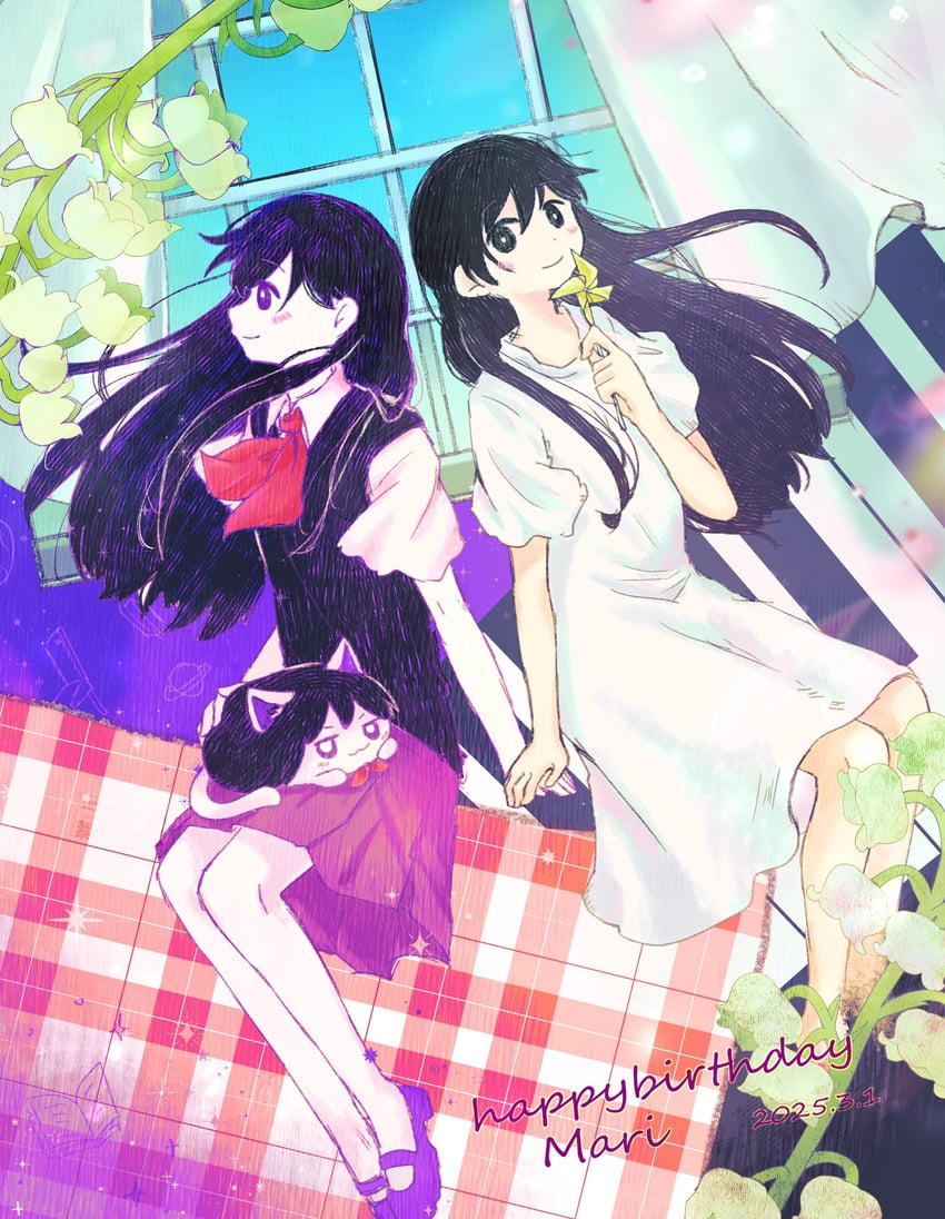 OMORI、Mari (Omori)、Mari (Omori) 2名女孩 动物化 黑瞳 黑发 脸红