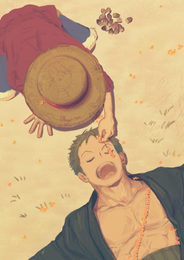 海贼王、蒙奇·D·路飞、罗罗诺亚·索隆 2个男孩 蓝色短裤 闭眼 锁骨 花