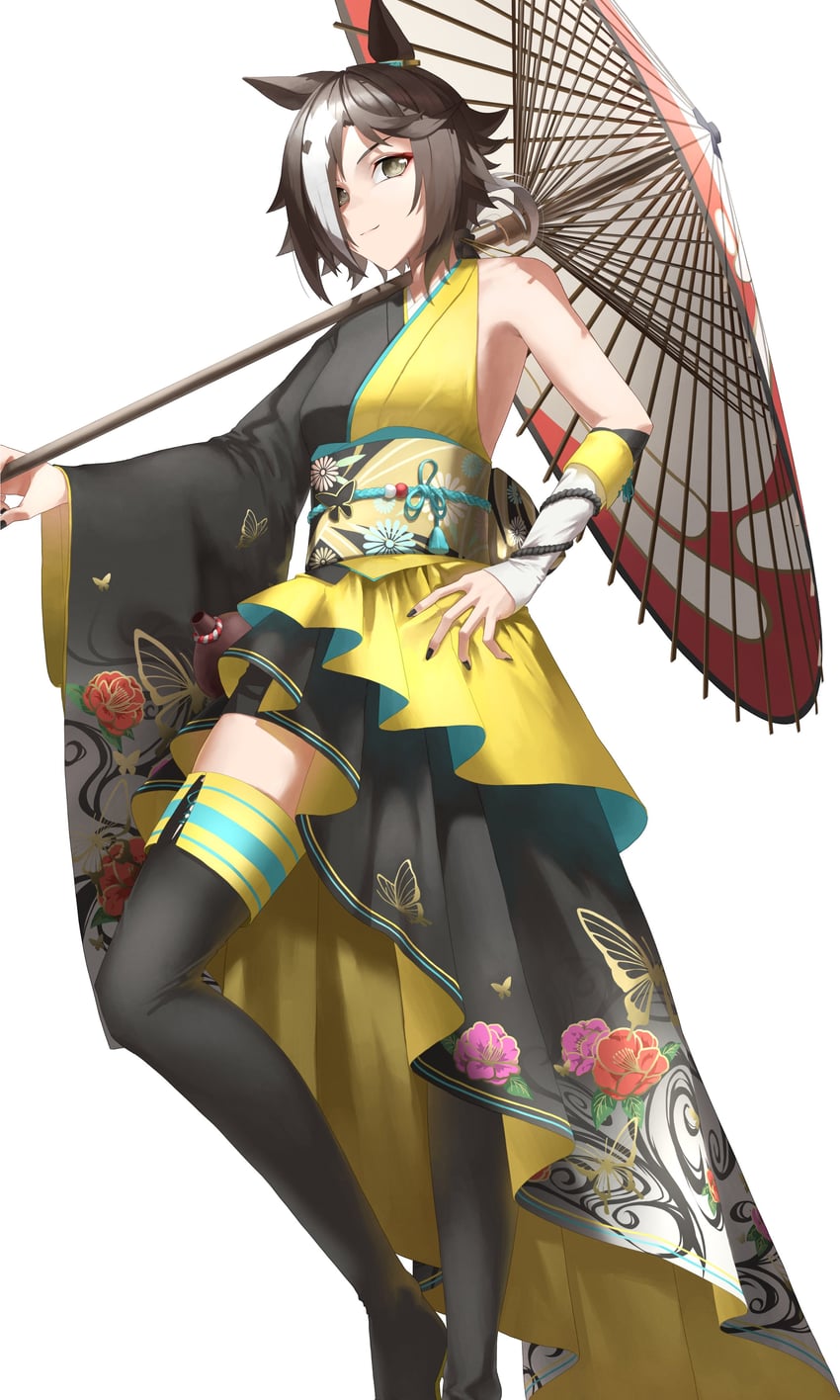 赛马娘、伏特加 (赛马娘) 1名女孩 露肩 黑色靴子 黑色和服 黑色指甲