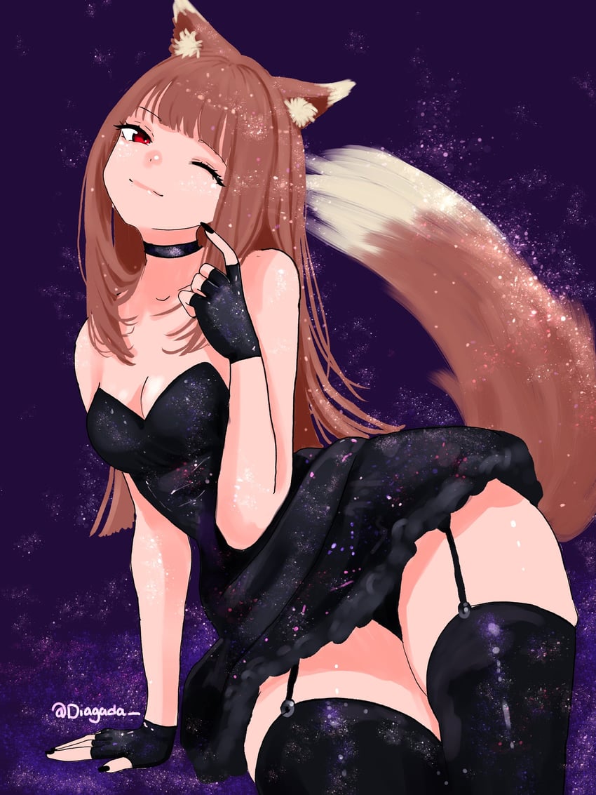 狼与香辛料、赫萝 1名女孩 ;) 兽耳 黑色项圈 黑色连衣裙