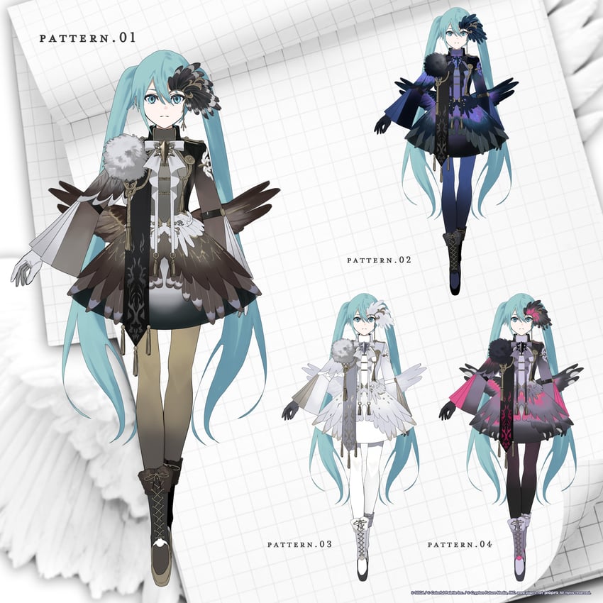 世界计划、VOCALOID、初音未来 1名女孩 水色瞳 黑色靴子 黑色连衣裙 黑色翅膀