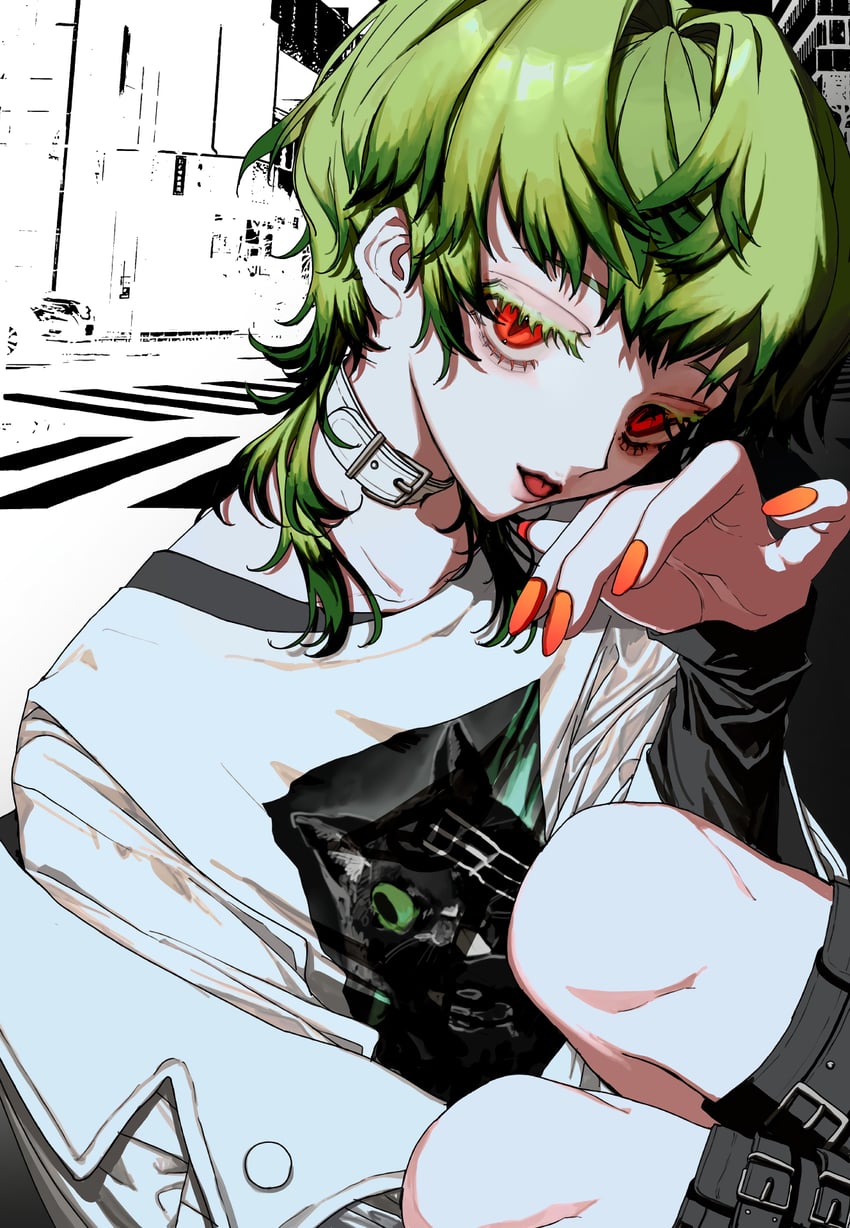 原创、yuyu (artist) 1名女孩 动物花纹 皮带项圈 黑色靴子 黑猫