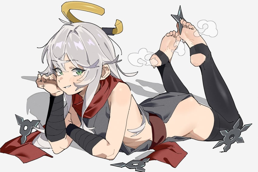原创 1名女孩 手臂缠带 趾间 黑色过膝袜 脸红