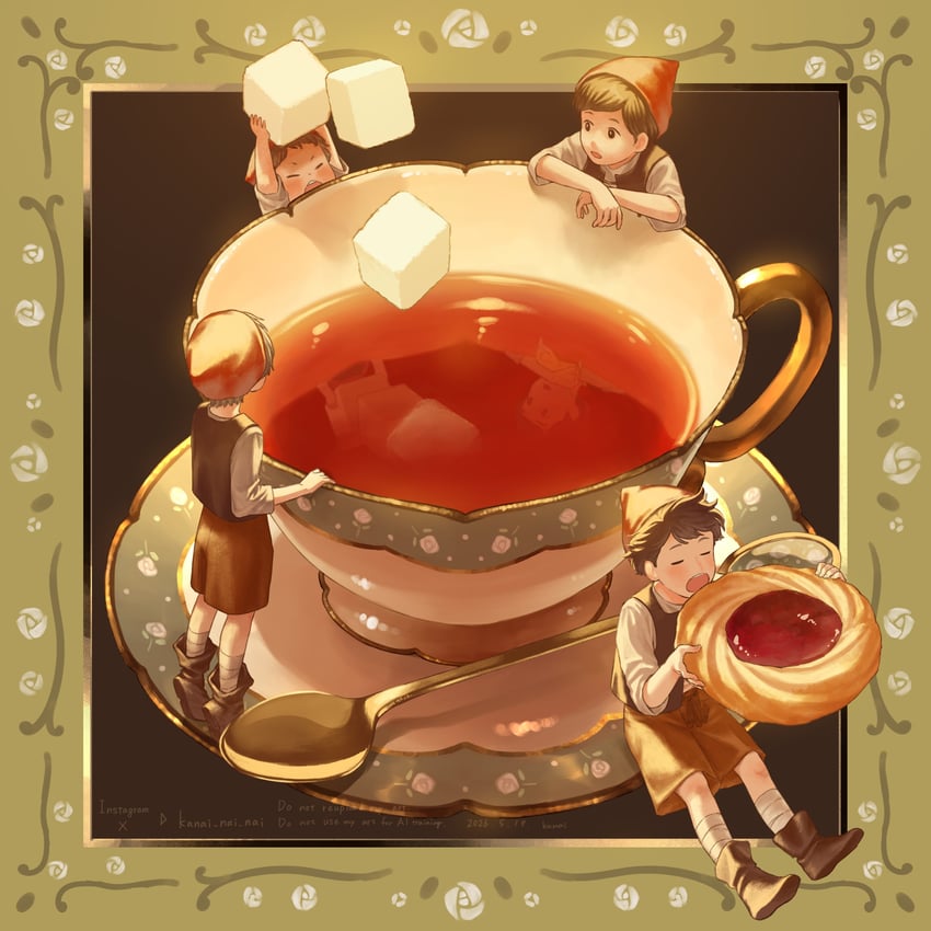 原创 4个男孩 扶手 举起双手 作者名 黑色背景