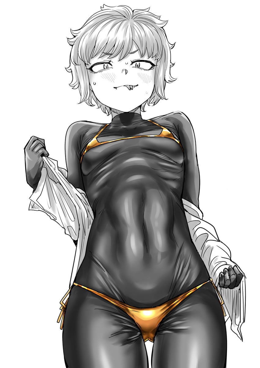 二次元插画 1名女孩 大腿间可见臀部 比基尼 泳装穿在衣服外面 紧身连体衣