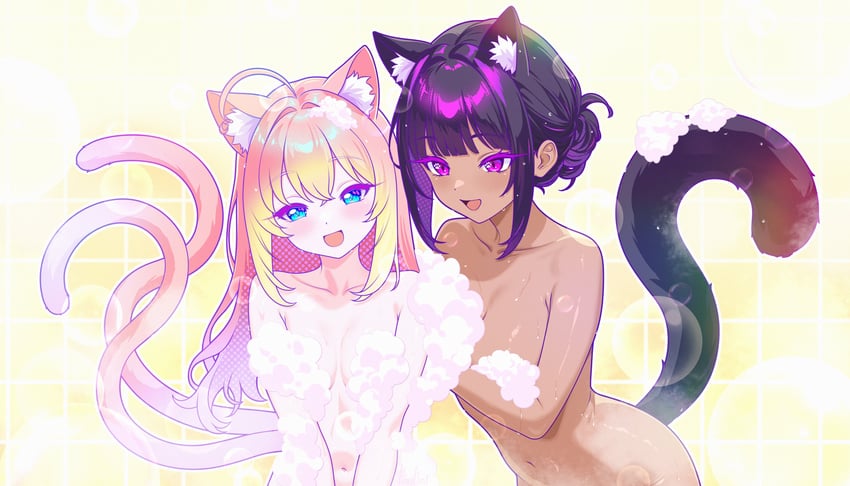 个人势虚拟主播、felixkohai (vtuber)、芬恩·弗林特 (虚拟主播) 2名女孩 兽耳毛 兽耳 浴室 浴缸