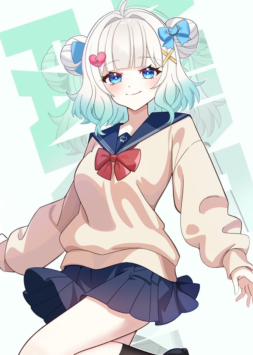 传说.exe、冥土 (Mint Fantome) 1名女孩 呆毛 黑袜 蓝色蝴蝶结 蓝眼